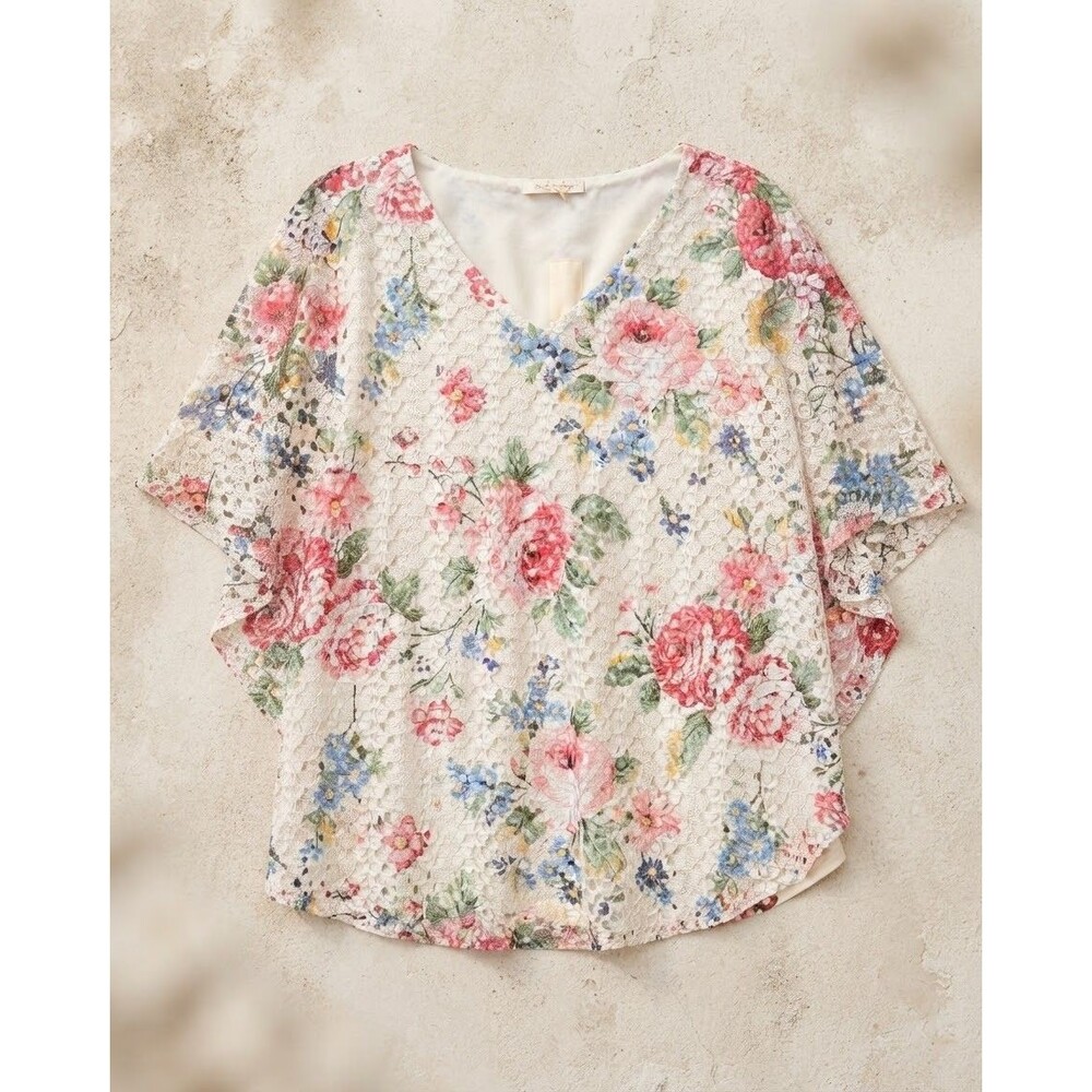 Linda Anderson Cracker Barrel Floral Lace Poncho Top NWT Womens XXL Pink Rose